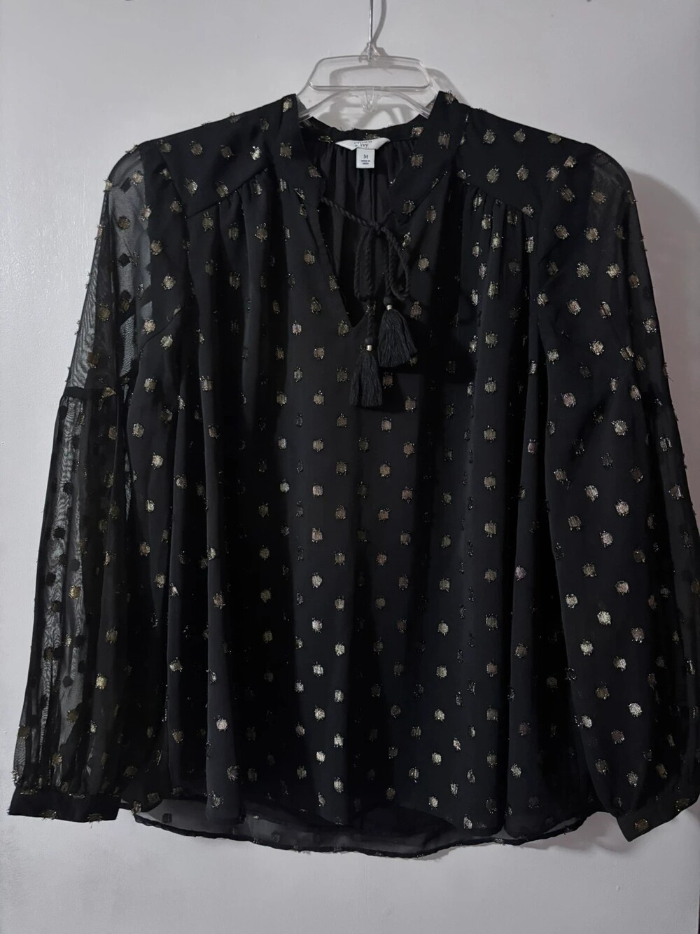 Crown & Ivy Black & Gold Metallic Clip Dot Blouse M